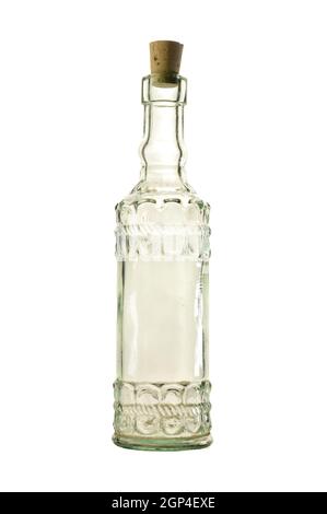 Une image isolée sur blanc d'une bouteille en verre unique avec un liège. Banque D'Images