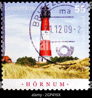 MOSCOU, RUSSIE - 4 AOÛT 2021: Timbre-poste imprimé en Allemagne montre Hornum, Sylt (construit en 1907), série Lighthouses, vers 2007 Banque D'Images