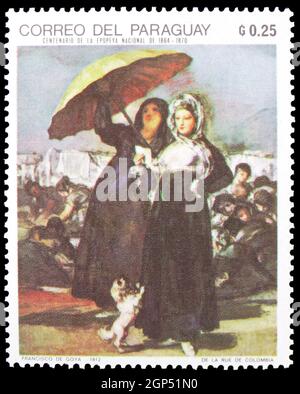 MOSCOU, RUSSIE - 5 AOÛT 2021 : le timbre-poste imprimé au Paraguay montre la lettre ou la série de peinture espagnole Young, de Goya Francisco (1746-1828) Banque D'Images