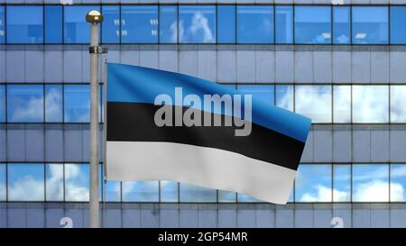 3D, drapeau estonien agitant sur le vent avec la ville moderne de gratte-ciel. Gros plan de la bannière estonienne, soie douce et lisse. Tissu texture ensign ba Banque D'Images