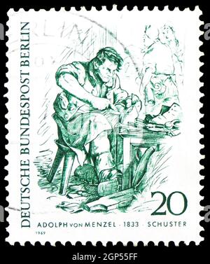 MOSCOU, RUSSIE - 5 AOÛT 2021: Timbre-poste imprimé en Allemagne montre Shoemaker, Berlin peuple de la série du XIXe siècle, vers 1969 Banque D'Images