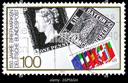 MOSCOU, RUSSIE - 5 AOÛT 2021: Timbre-poste imprimé en Allemagne montre Jubilé de timbre, série du jour 1990 du timbre, vers 1990 Banque D'Images