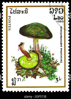 MOSCOU, RUSSIE - 5 AOÛT 2021: Timbre-poste imprimé au Laos montre Xerocomus Subtomentosus, série de champignons (1985), vers 1985 Banque D'Images