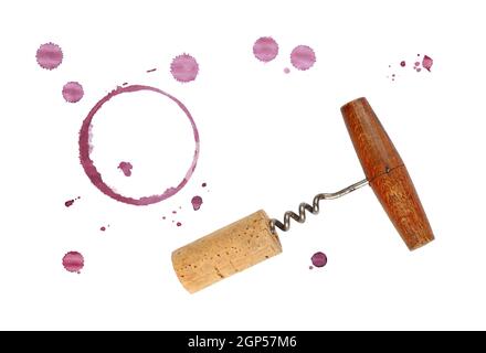 Un vin rouge du liège, ouvre-bouteille, tire-bouchon anneau cercle sec du verre teinté et blob gouttes isolé sur fond blanc Banque D'Images