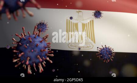 3D, drapeau égyptien agitant avec une épidémie de coronavirus infectant le système respiratoire comme une grippe dangereuse. Virus Covid 19 de type grippal avec national Égypte ba Banque D'Images