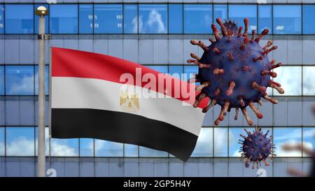 3D, drapeau égyptien agitant avec la ville moderne de gratte-ciel et l'épidémie de coronavirus comme grippe dangereuse. Type de grippe virus Covid 19 avec national Egypte bann Banque D'Images