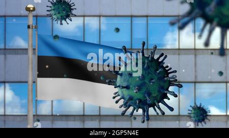 3D, drapeau estonien ordonnant avec la ville moderne de gratte-ciel et le concept de coronavirus 2019 nCov. Épidémie asiatique en Estonie, coronavirus influenza comme dangereux Banque D'Images