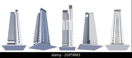 5 vues de côté des gratte-ciel de ville de conception fictive tours d'habitation avec des reflets de ciel - isolé sur blanc, illustration 3d des gratte-ciel Banque D'Images