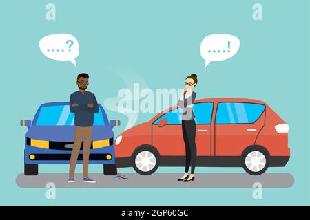 Bannière de dessin animé d'accident de voiture.concept d'accident de voiture,deux personnes malheureuses,personnages afro-américains mâle et caucasien femelle,illustration vectorielle plate Illustration de Vecteur