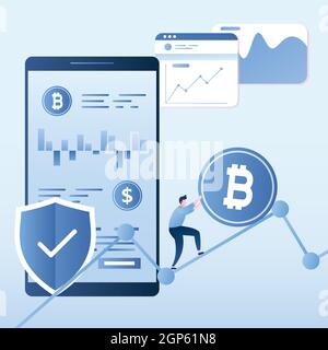 Homme d'affaires roule une pièce de monnaie en bitcoin sur un graphique en pleine croissance, grand smartphone avec application du marché des devises, bourse de crypto-monnaie, vecteur de style tendance Illustration de Vecteur