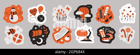Ensemble d'autocollants. Illustrations vectorielles isolées. Autocollants de saison. Bonhomme de neige coeur amour fleurs ballon glace camping voyage lecture film Halloween Illustration de Vecteur