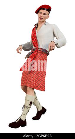 Rendu 3D d'un highlander portant un kilt écossais traditionnel isolé sur fond blanc Banque D'Images