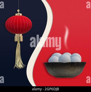 Festival des lanternes chinoises. Nouvel an chinois. Boulettes dans un bol, lanterne asiatique. Modèle pour la fête de la lanterne du nouvel an chinois. Copier sp Banque D'Images