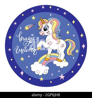 Jolie licorne blanche de dessin animé se dresse sur un arc-en-ciel avec des étoiles. Forme de cercle d'illustration vectorielle sur fond bleu. Pour fête, impression, douche bébé, toilette Illustration de Vecteur
