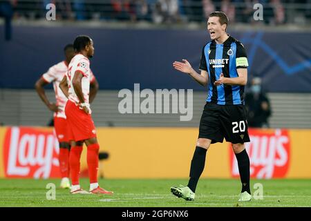 Le club Hans Vanaken fête ses points lors d'un match entre l'équipe belge de football Club Brugge et le club allemand RB Leipzig, mardi 28 septembre 20 Banque D'Images