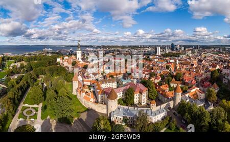 Mur de ville, fortification de la ville de Chevaler, Tallinna linnamueuer avec tours murales et église Olai, Tallinn, Estonie Banque D'Images