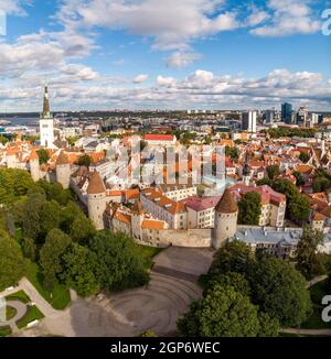 Mur de ville, fortification de la ville de Chevaler, Tallinna linnamueuer avec tours murales et église Olai, Tallinn, Estonie Banque D'Images