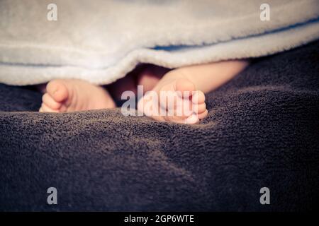 Petits pieds de bébé mignons qui sortent d'une couverture grise. Banque D'Images