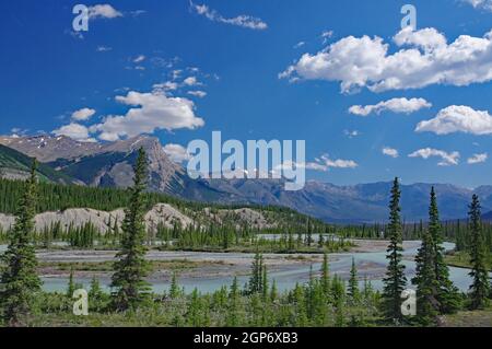 Wide River Valley and Mountains, Saskatchewan River Crossing, Icefields Parkway, Rocky Mountains, Alberta, Canada Banque D'Images