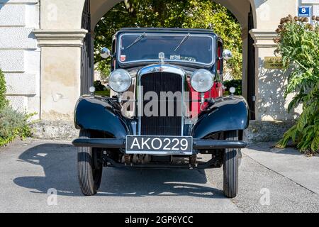 Voiture d'époque Hillman Minx année de construction 1933, 3 rapports, 1, capacité de 185 ccm, 4 cylindres, 30 ch, poids 950 kg, Schloss Neuaigen, Autriche Banque D'Images