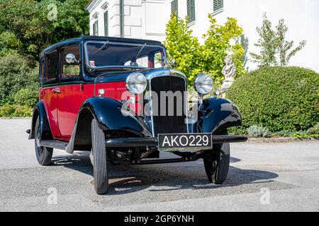 Voiture d'époque Hillman Minx année de construction 1933, 3 rapports, 1, capacité de 185 ccm, 4 cylindres, 30 ch, poids 950 kg, Schloss Neuaigen, Autriche Banque D'Images