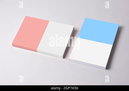 Deux nouveaux livres fermés avec couverture vierge sur la table, modèle de série maquette modifiable prêt pour votre conception, chemin de sélection de couverture inclus. Banque D'Images