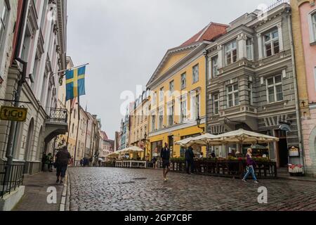 TALLINN, ESTONIE - 22 AOÛT 2016 : les gens marchent le long de la rue pavée Pikk dans la vieille ville de Tallinn. Banque D'Images