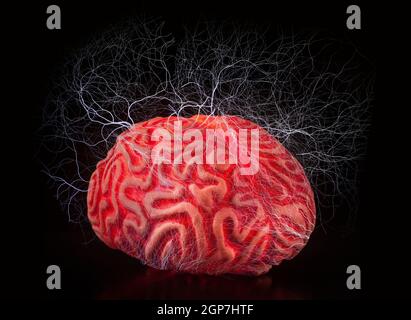 Les droits de l'cerveau en caoutchouc avec des chocs électriques sur fond noir. Banque D'Images