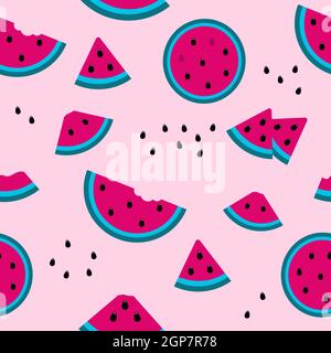 Motif sans couture avec une tranche de pastèque rouge sur fond rose. Illustration de Vecteur