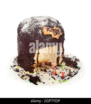 Crèche en forme de Panettone sur fond blanc. Banque D'Images