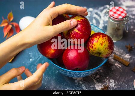 La main d'une femme atteint une pomme rouge mûre dans un bol. Choisir des fruits pour faire une tarte traditionnelle aux pommes de Thanksgiving. Ingrédients pour cuire à la maison Banque D'Images