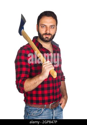 Bûcheron avec chemise à carreaux sur fond blanc Banque D'Images Bûcheron avec chemise à carreaux sur fond blanc Banque D'Images