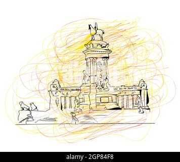 Illustration de la ligne du Monument au Roi Alfonso XII, symbole du Parc Buen Retiro Parque del Buen Retiro situé dans le centre de Madrid, Espagne. Illustration de Vecteur