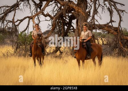 Deux femmes à cheval à côté de l'arbre mort Banque D'Images