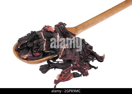 Cuillère en bois avec hibiscus séchées, isolé sur fond blanc Banque D'Images