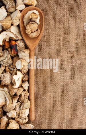 Cuillère en bois avec champignons séchés, repose sur le toile de fond Banque D'Images