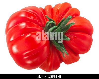 Tomates striées (fruit de Solanum lycopersicum), vue de dessus, isolées Banque D'Images