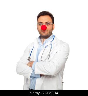 Patch Adams concept avec jeune médecin isolé sur fond blanc Banque D'Images