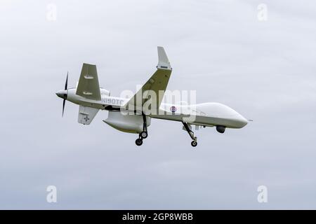 23 septembre 2021. RAF Lossiemouth, Moray, Écosse, Royaume-Uni. C'est le SkyGuardian qui est actuellement basé à RAF Lossiemouth atterrissage à la base, havi Banque D'Images