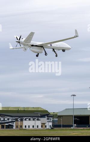 23 septembre 2021. RAF Lossiemouth, Moray, Écosse, Royaume-Uni. C'est le SkyGuardian qui est actuellement basé à RAF Lossiemouth atterrissage à la base, havi Banque D'Images