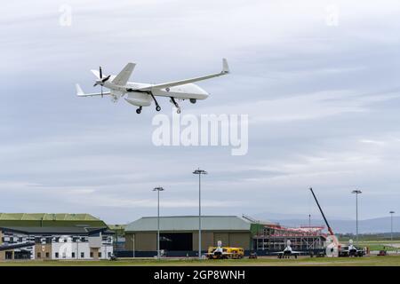 23 septembre 2021. RAF Lossiemouth, Moray, Écosse, Royaume-Uni. C'est le SkyGuardian qui est actuellement basé à RAF Lossiemouth atterrissage à la base, havi Banque D'Images