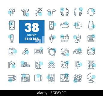 Périphériques multimédia et icônes de symboles définis. Symbole graphique pour la conception, le logo, l'application, l'interface utilisateur du site Web et des applications audio et musicales Banque D'Images