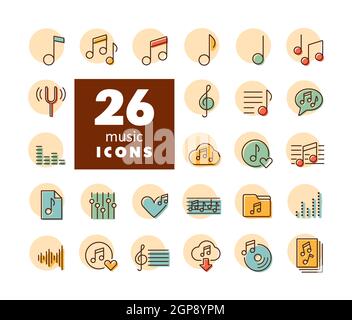 Jeu d'icônes vectorielles plates de notes de musique. Symbole graphique pour la conception, le logo, l'application, l'interface utilisateur du site Web et des applications audio et musicales Banque D'Images