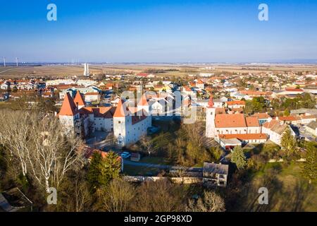 Orth an der Donau en Basse-Autriche. Vue aérienne sur le château historique et le bâtiment de l'église. Endroit célèbre en Europe. Banque D'Images