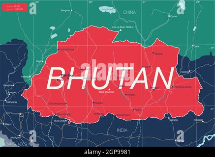 Pays du Bhoutan carte détaillée modifiable avec régions villes, routes et chemins de fer, sites géographiques. Fichier vectoriel EPS-10 Banque D'Images