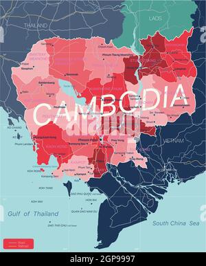 Cambodge carte détaillée modifiable avec régions villes, routes et chemins de fer, sites géographiques. Fichier vectoriel EPS-10 Banque D'Images