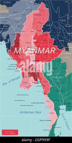 Pays du Myanmar carte détaillée modifiable avec régions villes, routes et chemins de fer, sites géographiques. Fichier vectoriel EPS-10 Banque D'Images