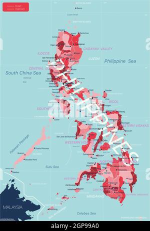 Philippines carte détaillée modifiable avec régions villes, routes et chemins de fer, sites géographiques. Fichier vectoriel EPS-10 Banque D'Images