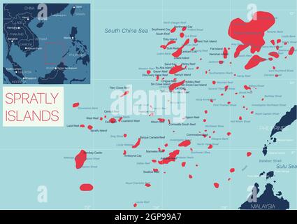 Carte modifiable détaillée de l'île de Spratly avec villes et villes. Fichier vectoriel EPS-10 Banque D'Images
