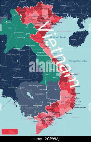 Vietnam carte détaillée modifiable avec régions villes, routes et chemins de fer, sites géographiques. Fichier vectoriel EPS-10 Banque D'Images